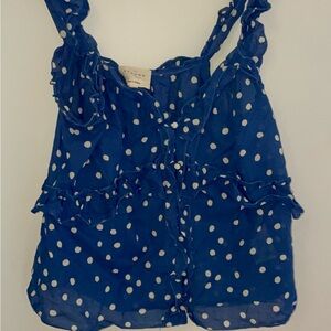 Sezane Blue Polka Dot Ruffle Top